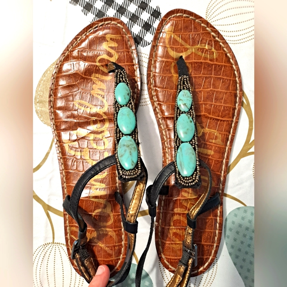 Sam Edelman Brown Leather Sandals with Turquoise Bead Accents